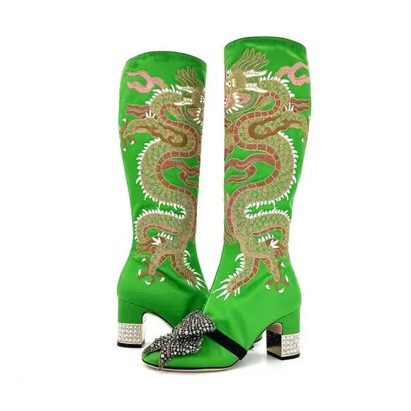 NEW Gucci Candy Dragon Embroidered Bow Crystal Embellished Knee High Boots 37.5 - Picture 2 of 10
